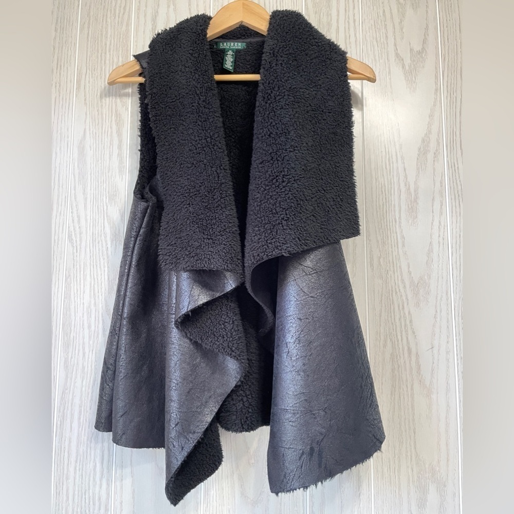 Ralph Lauren M Black Faux Fur Suede Draped Open Vest Women’s Size Med Cozy Warm